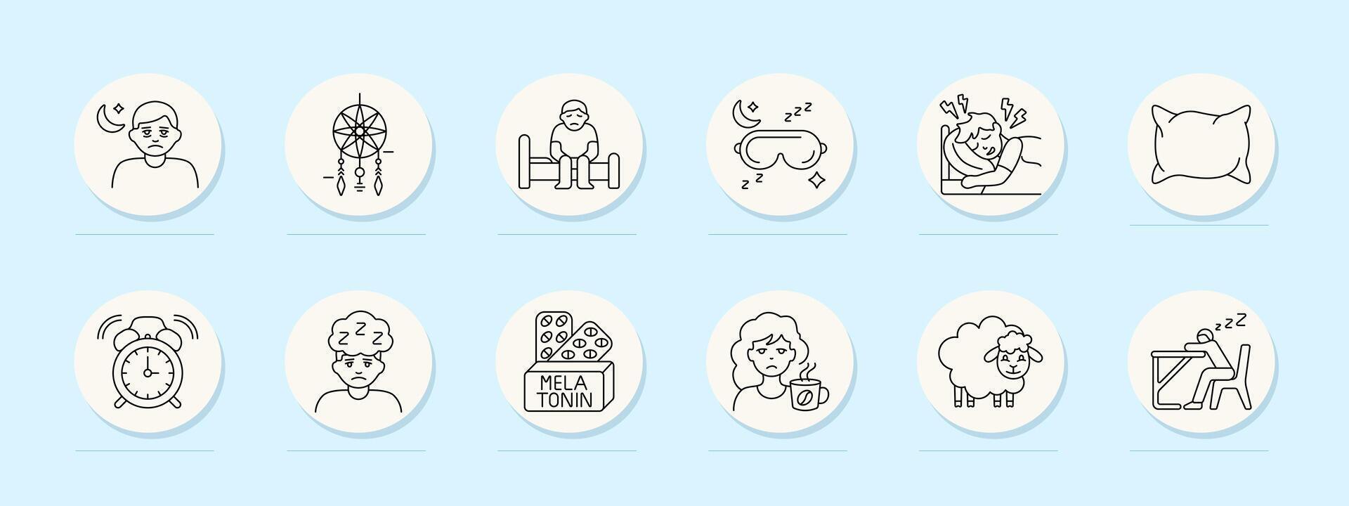 Sleep care set icon. Insomnia, dreamcatcher, early waking, sleep mask, bad dreams, pillow, alarm, melatonin, tired face, sheep, nap at desk. vector