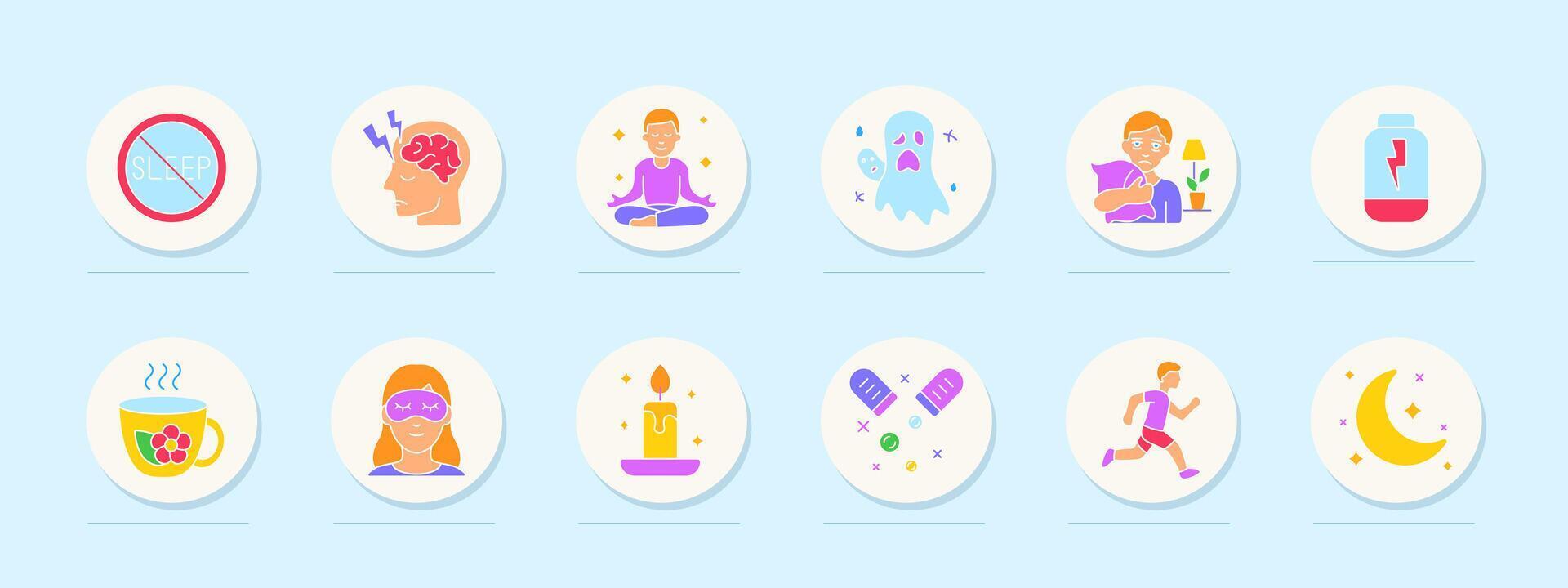 Insomnia set icon. No sleep, brain activity, meditation, nightmare, restless night, supplement, tea, eye mask, candle, pill, running, moon. vector