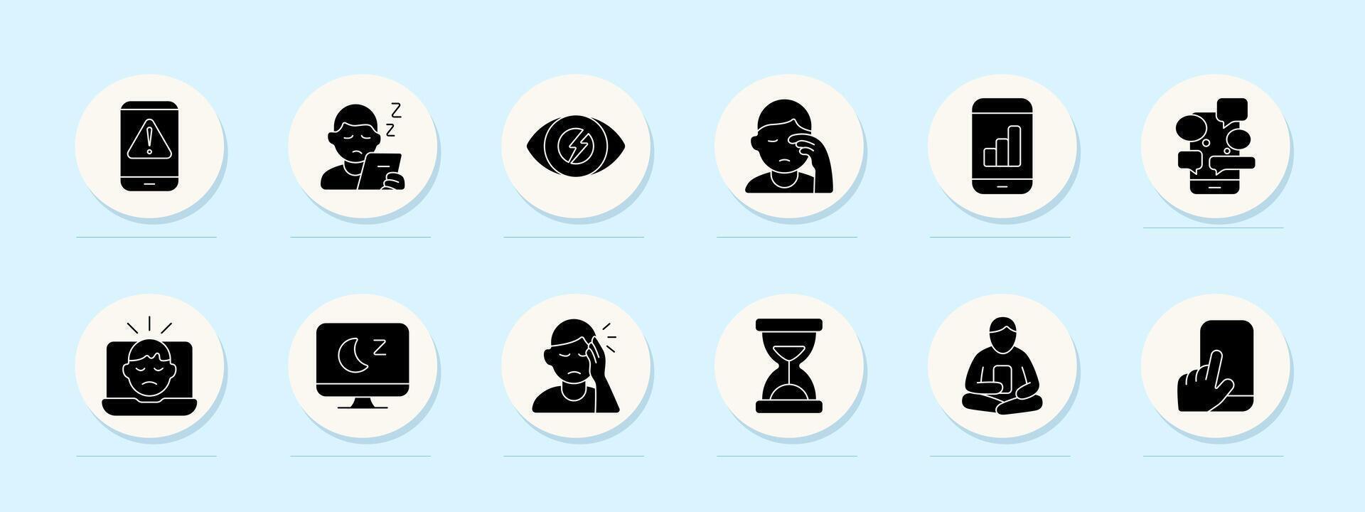 Sleep and screen set icon. Phone use, fatigue, eye strain, headache, chat overload, tired face, late screen time, time lost, meditation, touchscreen. vector