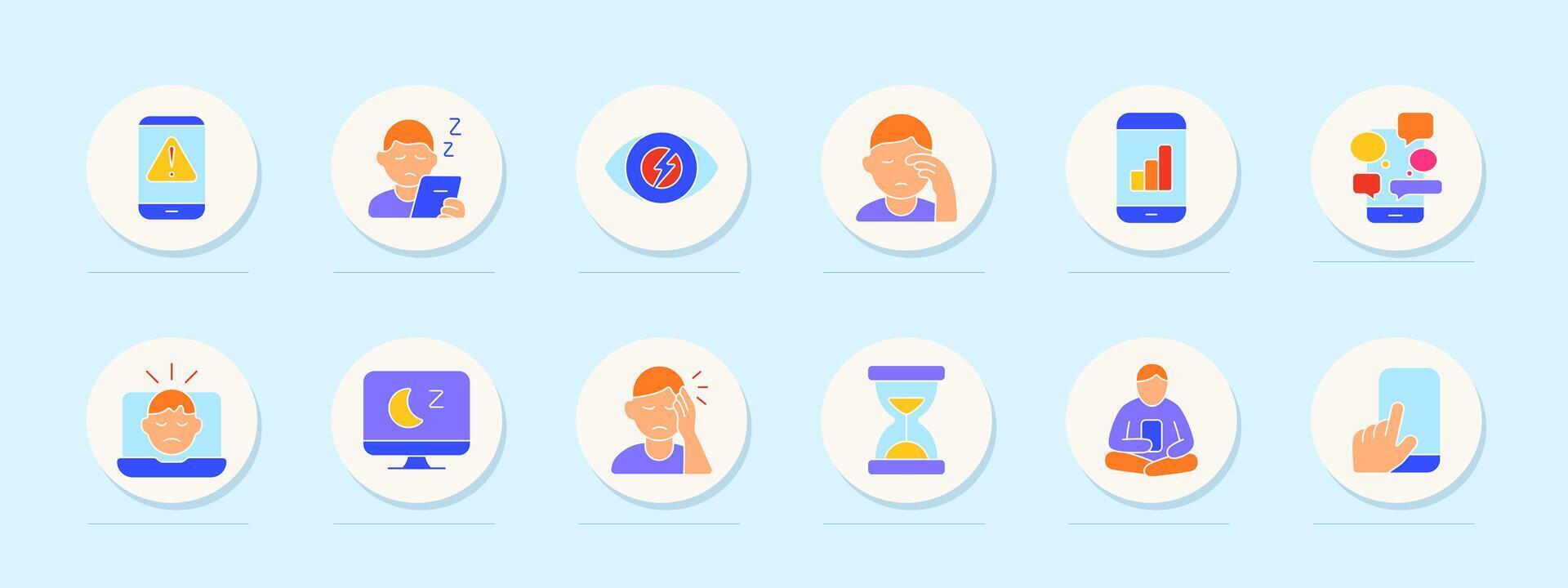 Screen addiction set icon. Phone alert, tired eyes, eye strain, fatigue, analytics overload, social flood, blue light, insomnia, headache, wait, meditation, swipe. vector