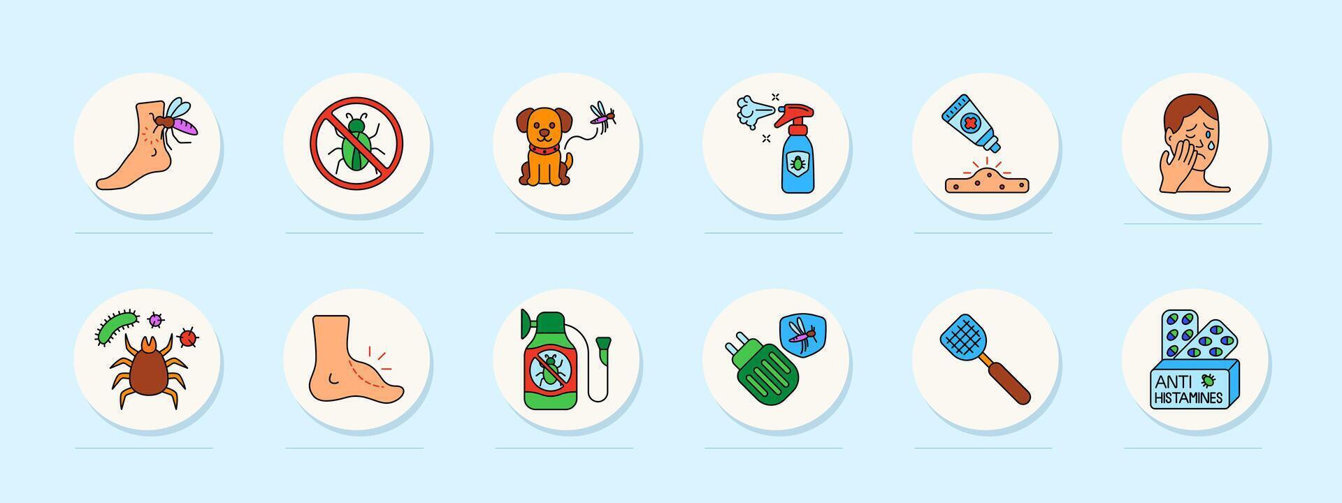 Insect control set icon. Mosquito bite, bug danger, pet risk, repellent spray, rash cream, allergy, insect reaction, tick, itch, poison, electric trap, antihistamines. vector