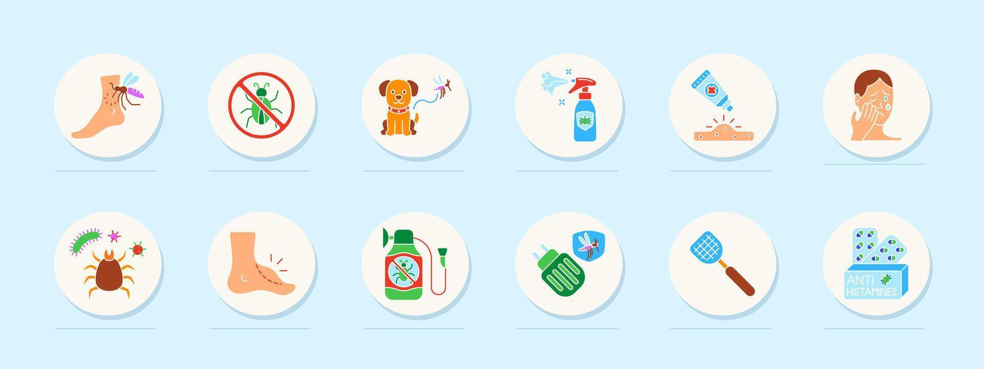 Insect allergy set icon. Mosquito bite, pest control, pet danger, repellent, skin rash, allergic face, mite, itch, swelling, poison sprayer, plug-in trap, antihistamines. vector