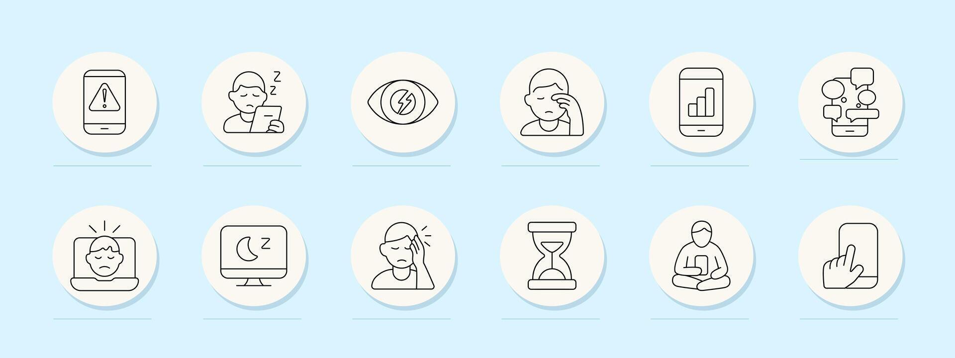 Screen fatigue set icon. Mobile alert, phone use, eye strain, headache, analytics overload, message flood, sad face, sleepless monitor, tiredness, waiting, meditation, touch input. vector