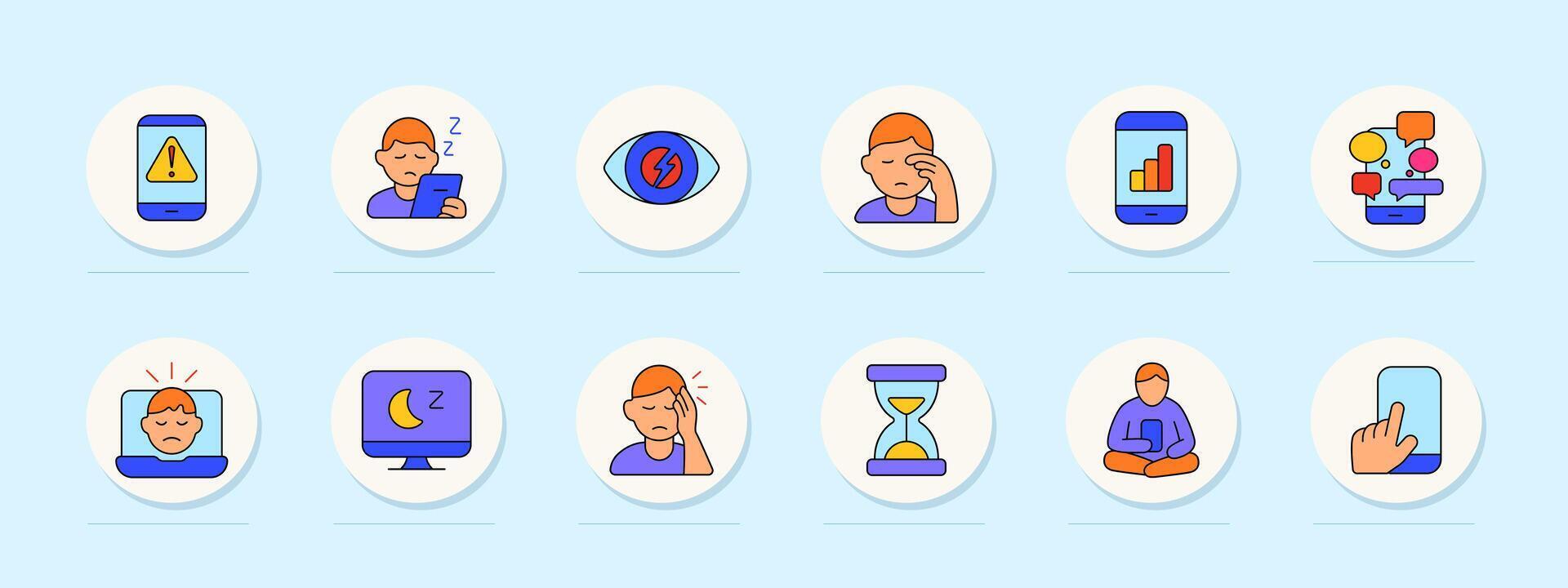 Screen fatigue set icon. Phone alert, mobile usage, eye strain, sleep disruption, tiredness, chart overload, message stress, sad face, night usage, headache, waiting, meditation, tapping. vector