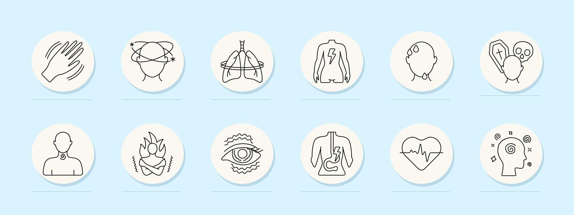 Panic disorder set icon. Trembling, vertigo, lungs, spine pain, sweat, fear of death, throat pressure, body heat, eye focus issue, gastric spasm, heart signal, disorientation. vector