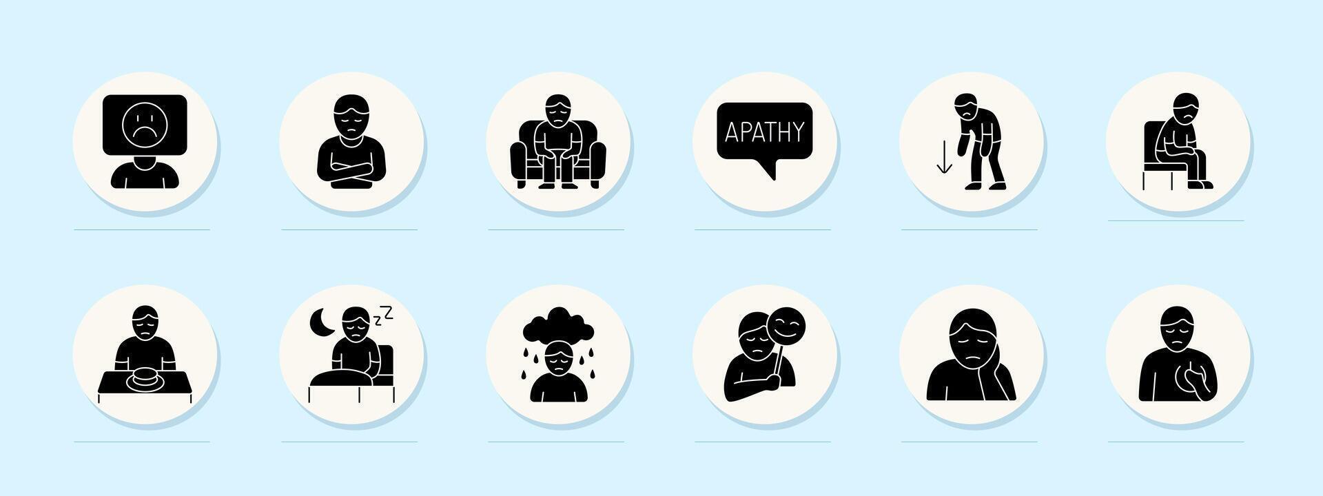 Depression set icon. Sadness, apathy, tired face, loneliness, mood drop, loss of interest, crying, masked emotion, fatigue, sleep change, appetite loss, self-isolation. vector