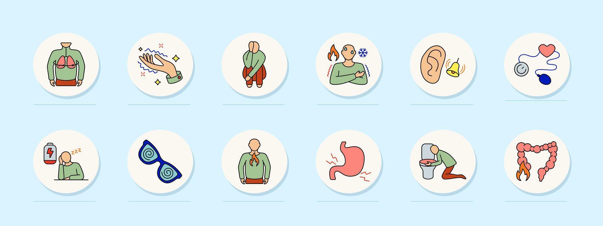 Panic attack set icon. Breathing problem, shaking hand, stress posture, body chills, ringing, heart monitor, low energy, dizziness, chest burn, gut pain, vomiting, intestine issue. vector