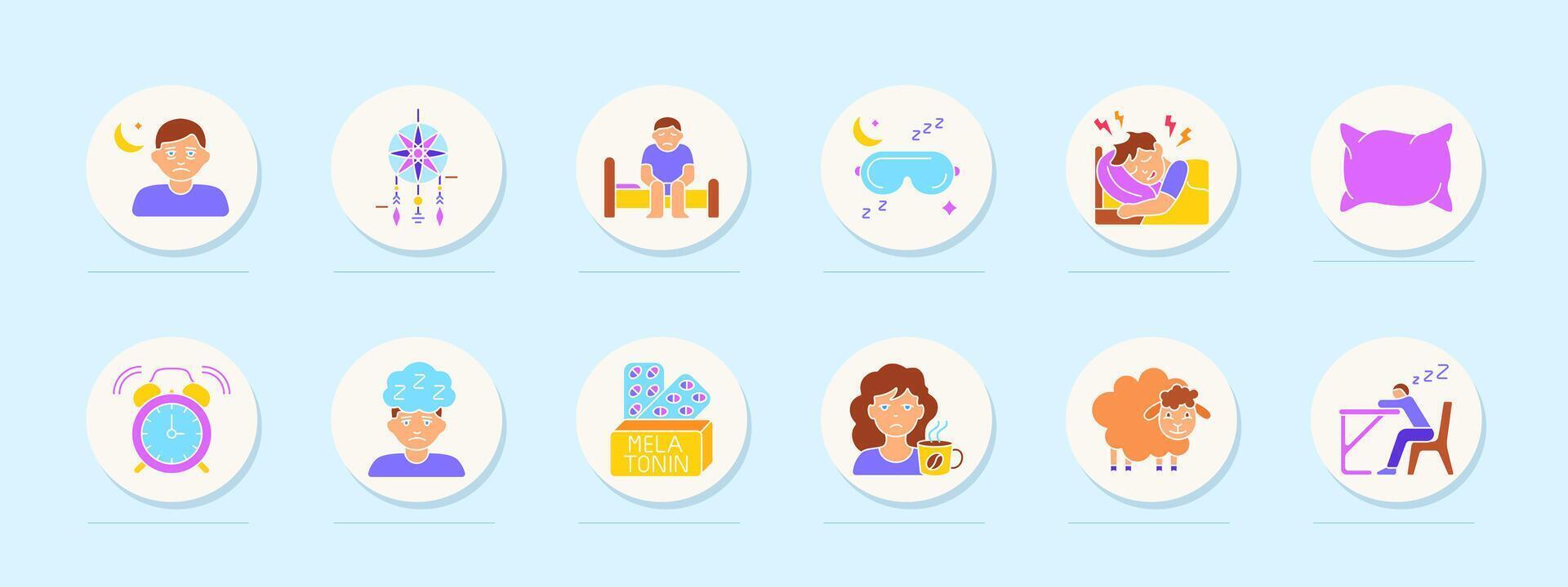 Sleep disorder set icon. Insomnia, dreamcatcher, tired person, mask, sleep pain, pillow, alarm, melatonin, caffeine, sheep, sleep at desk. vector