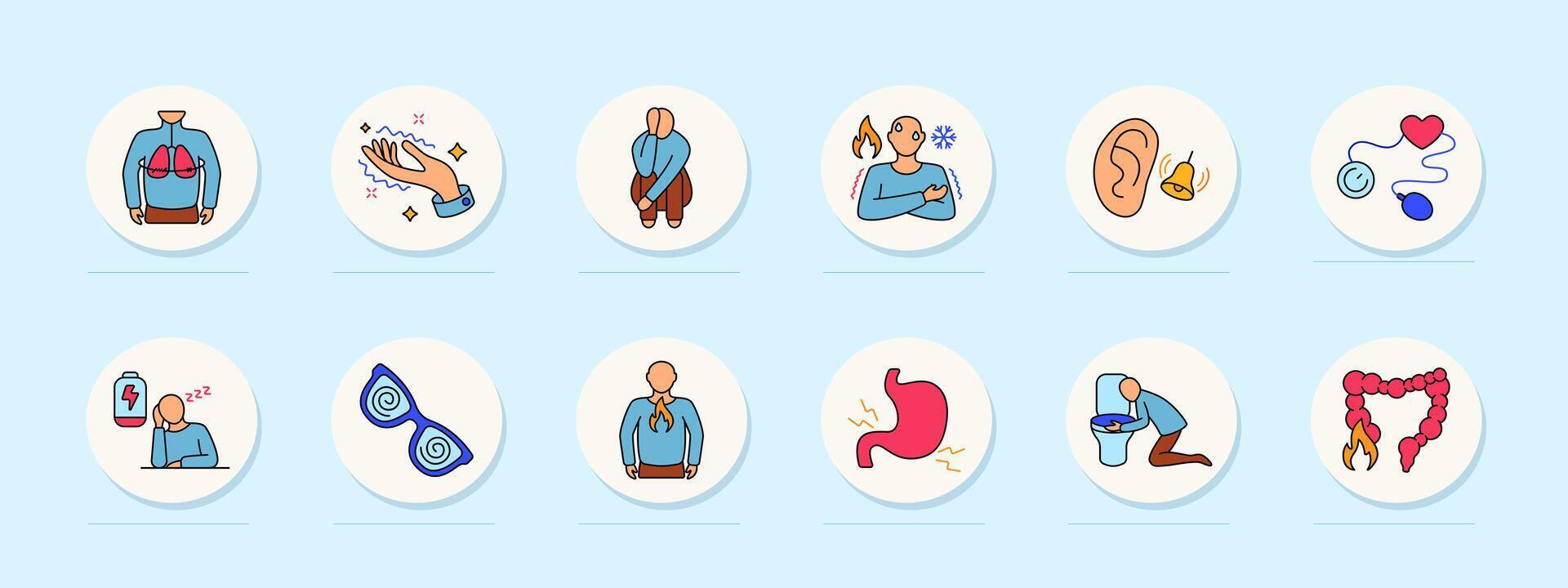 Panic attack set icon. Tight chest, trembling, anxiety, body heat, ear ringing, pressure check, fatigue, visual distortion, burning, stomach pain, vomiting, bowel inflammation. vector