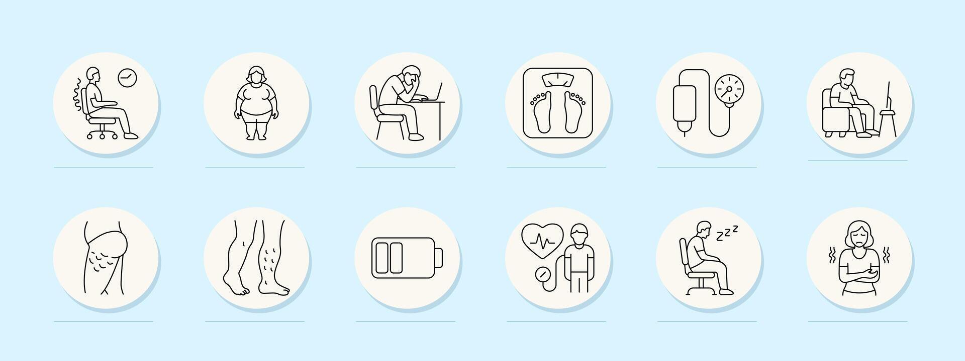 Sedentary lifestyle set icon. Poor posture, obesity, workplace fatigue, scale, blood drip, screen watching, cellulite, leg problems, low charge, heart rate, drowsiness, chills. vector