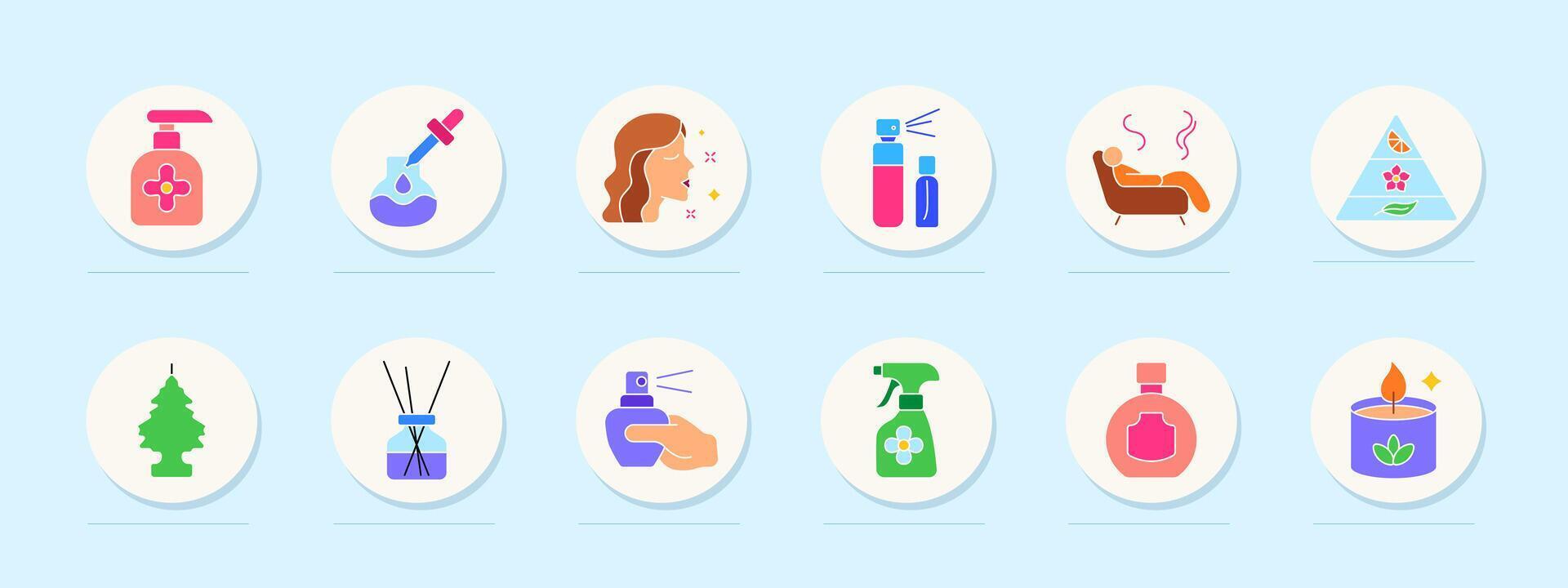 Aroma therapy set icon. Soap, pipette, scent profile, bottle spray, couch relax, fragrance pyramid, air freshener, stick diffuser, home sprayer, bottle cap, candle. vector