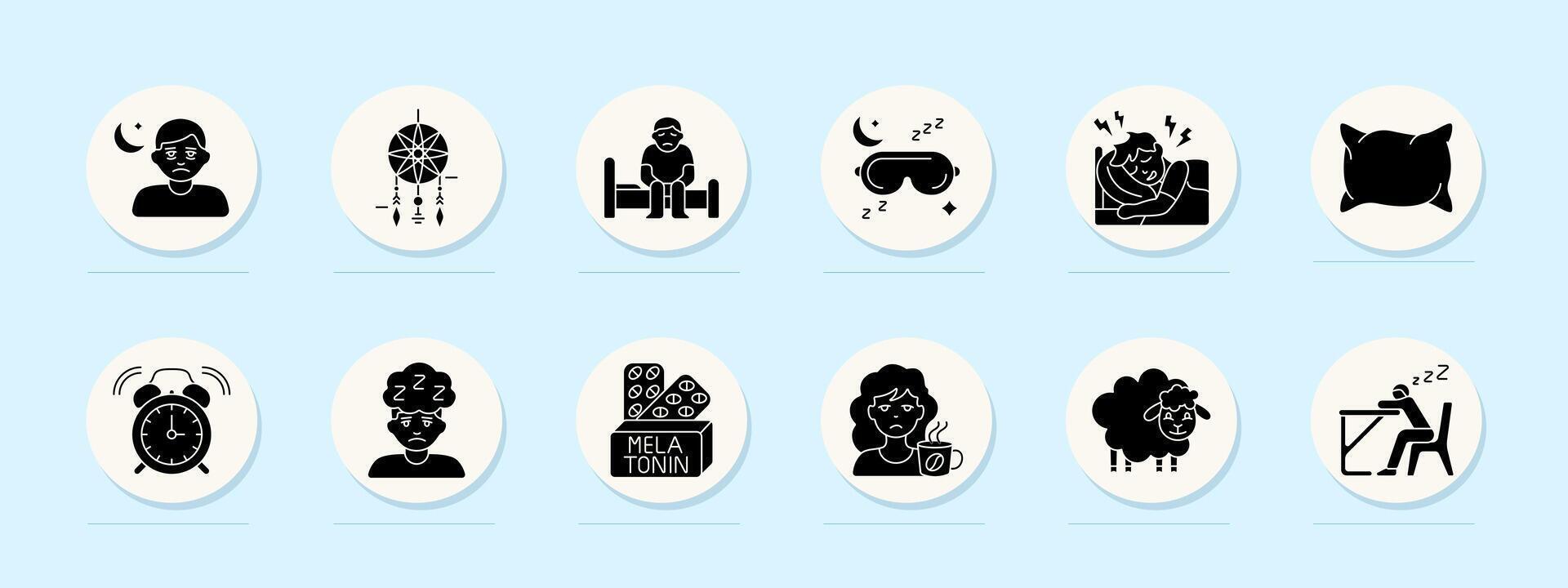 Sleep problem set icon. Tired person, dreamcatcher, sitting in bed, mask, body ache, pillow, alarm, insomnia, melatonin, caffeine, sheep, desk nap. vector