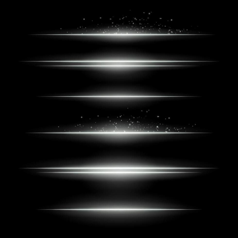 White energy lines. Glowing horizontal streaks with particle sparks above and below lines. Dark background adds contrast. Suitable for sci-fi, fire, energy, tech visuals. vector