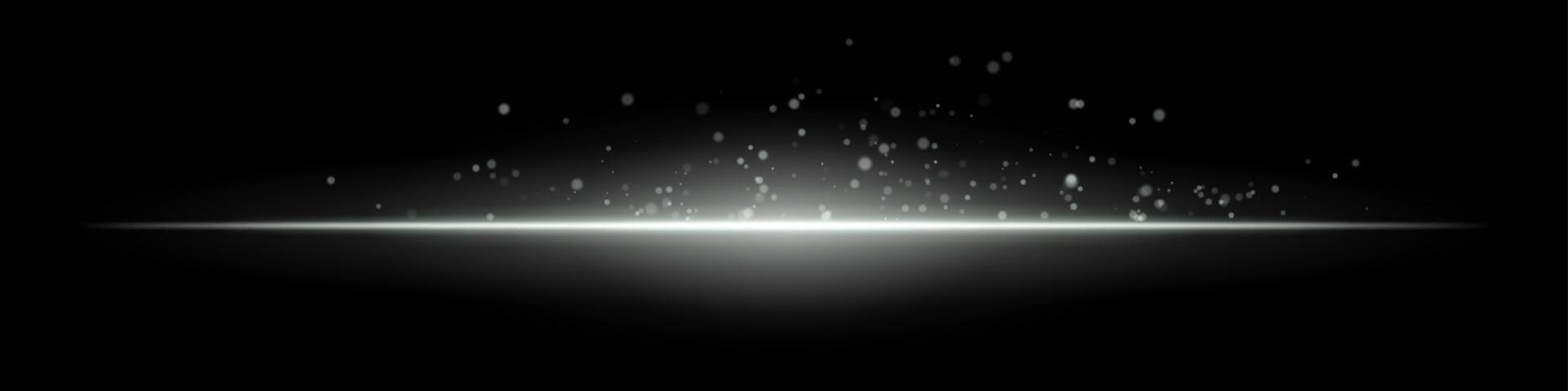 White flare burst. Single glowing horizontal beam with scattered particles and flare on dark background. Perfect for energy, tech, fire, sci-fi motion effects. vector