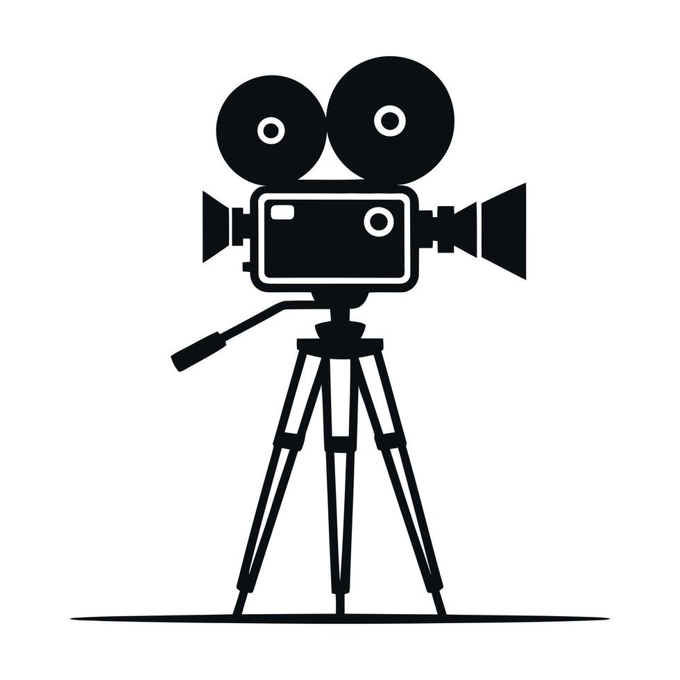 Vintage Movie Camera on Tripod Black and White Icon Symbol of Film Making Cinema and Production Isolated on White Background Retro Style vector