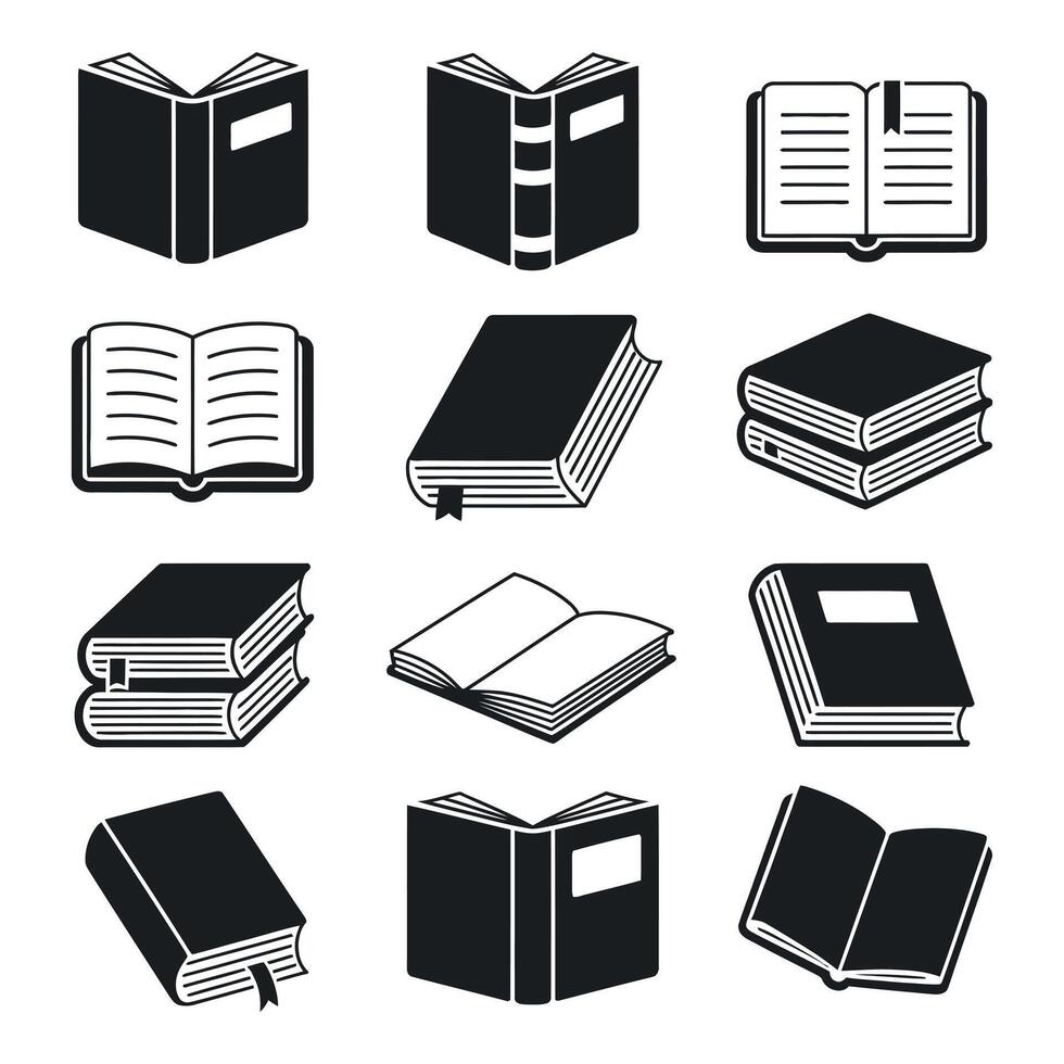 Set of Black and White Book Icons in Various Styles Including Open Books Closed Books and Stacks of Books Perfect for Education and Literature vector