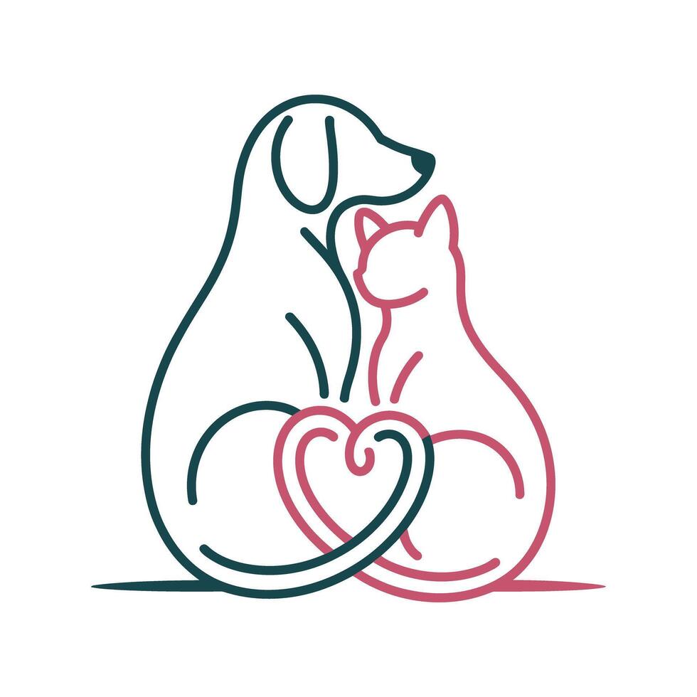 Minimalist Line Art Illustration of a Dog and Cat with a Heart Symbol Representing Friendship Love and Pet Adoption on White Background vector
