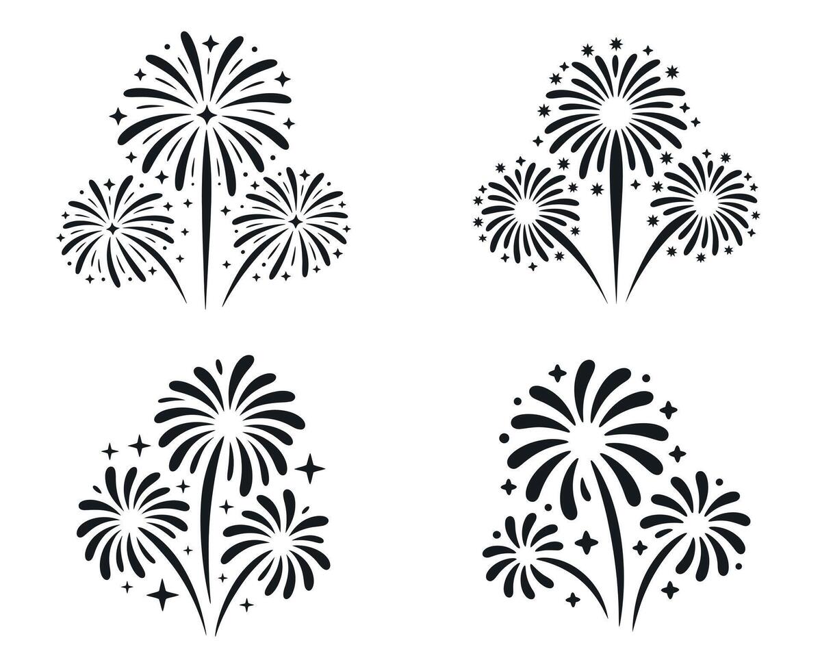 Four Different Firework Designs in Black and White Perfect for Celebrations Holidays New Years Independence Day and Festive Events Illustration vector