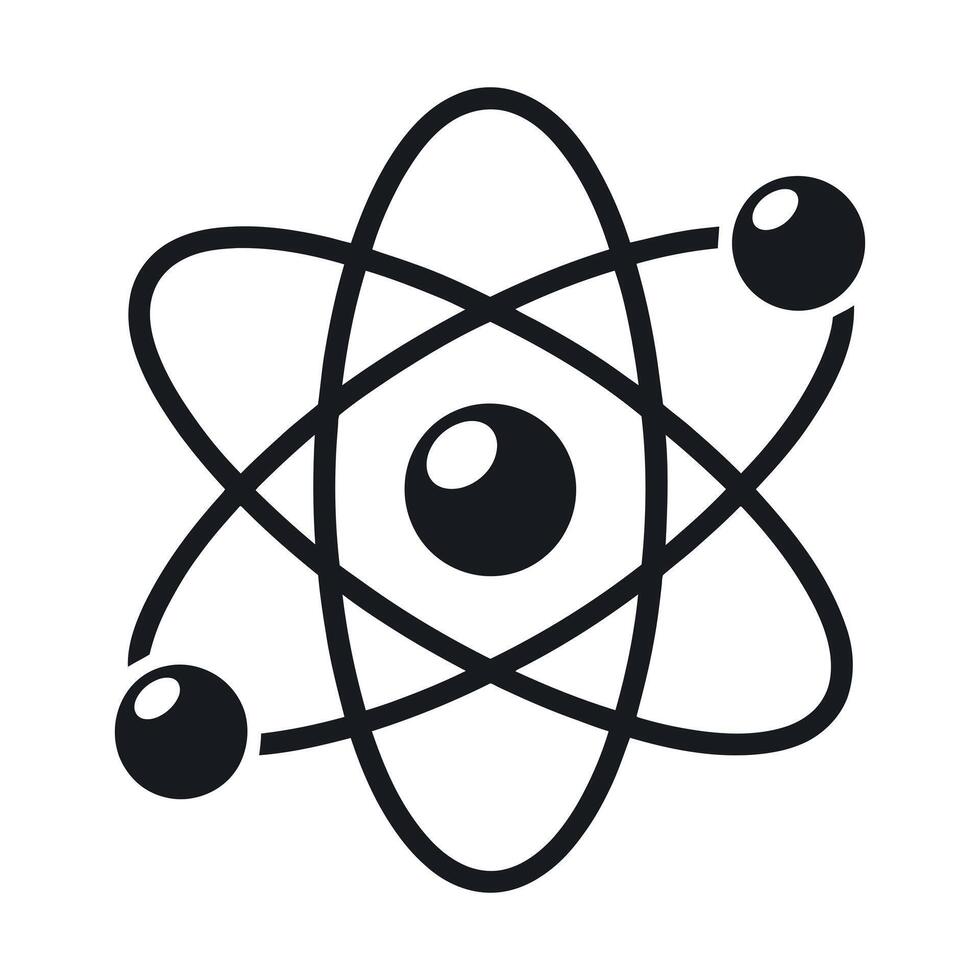 Simple Black and White Atom Icon with Orbiting Electrons Depicting Science Physics Chemistry and Scientific Research and Exploration on a White Background vector