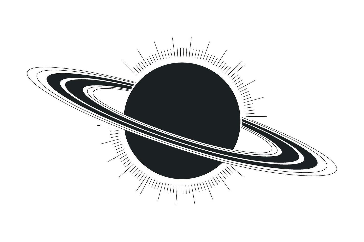 Monochrome Saturn Planet Illustration with Rings and Sun Rays Minimalist Celestial Design for Space Exploration and Astronomy Enthusiasts Isolated on White vector