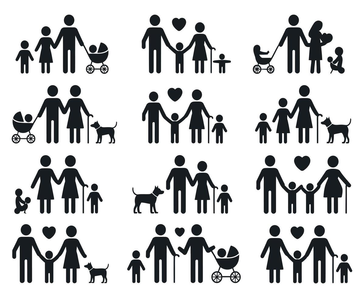 Collection of Family Pictograms and Icons Depicting Parents with Children Babies in Strollers Dogs and Hearts Representing Love Family and Relationships vector