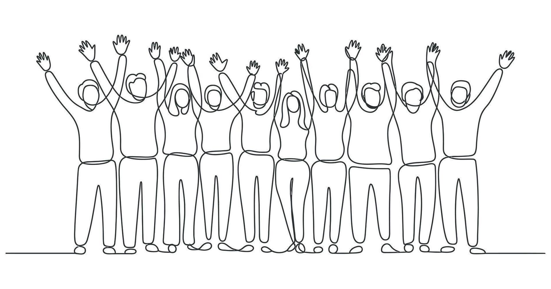 Continuous Line Drawing of a Diverse Group of People with Raised Hands Symbolizing Unity Celebration and Collective Achievement in a Minimalist Style single vector