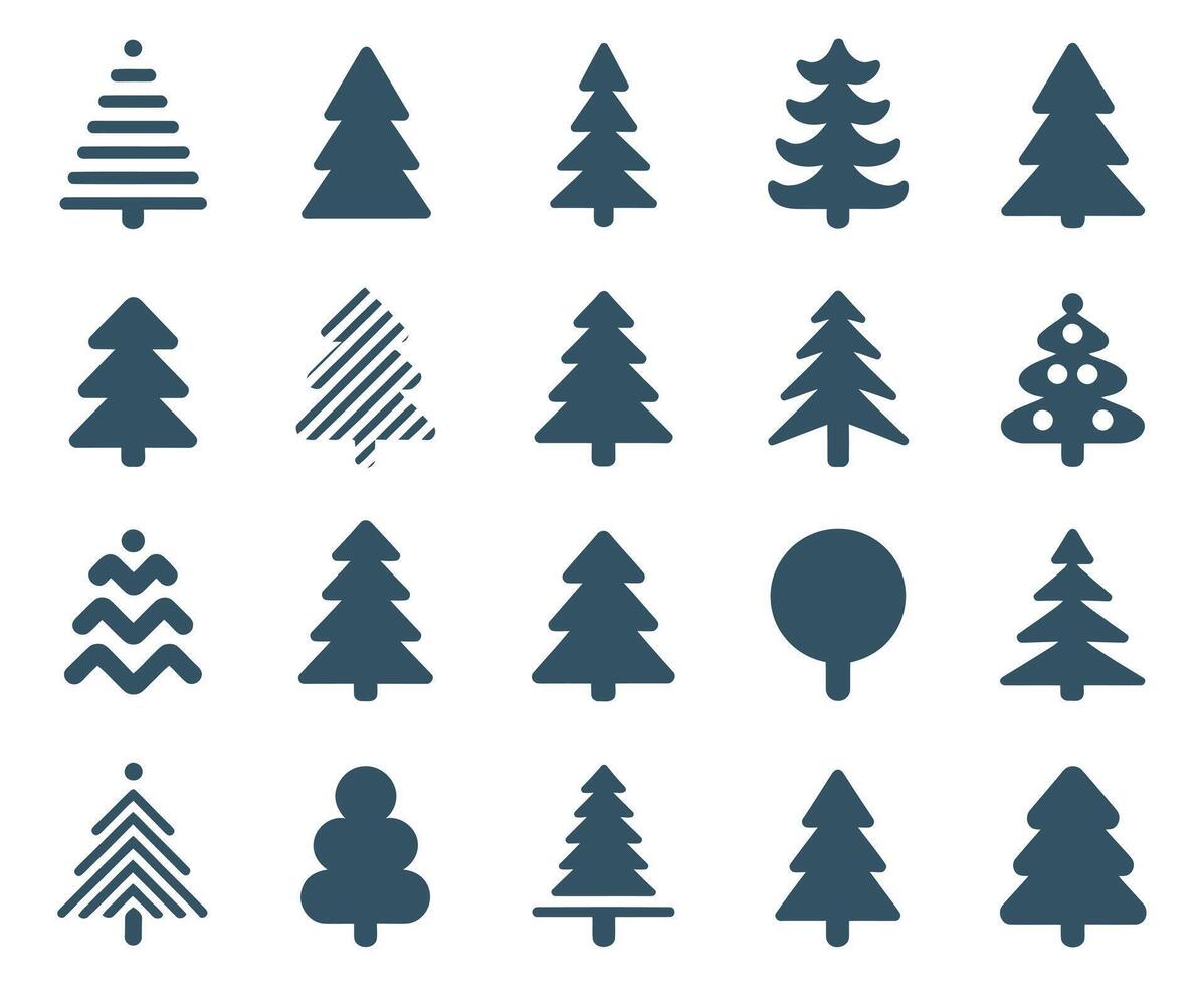 Collection of Fifteen Different Dark Cyan Christmas Tree Icons on a White Background Ideal for Winter Holiday Designs and Festive Season Projects vector