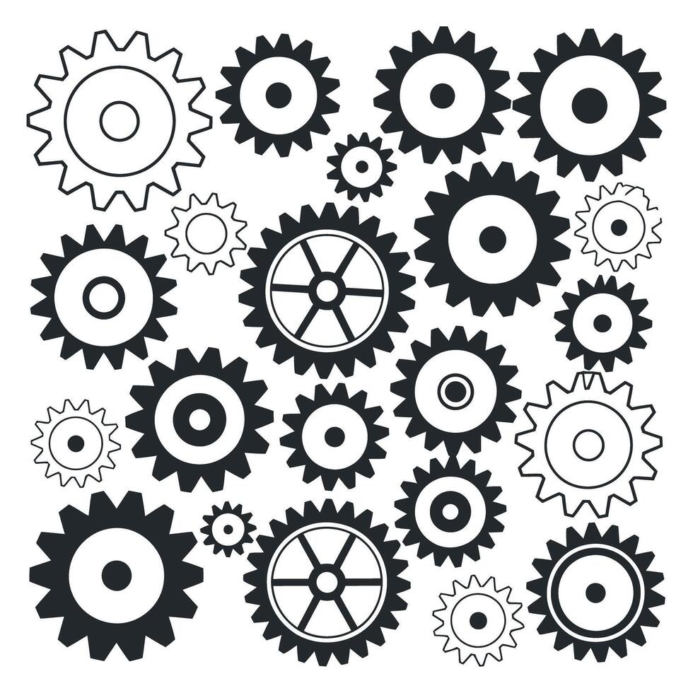 A Collection of Black and White Gear Icons Some Solid and Some Outlined Arranged in a Random Pattern on a White Background Illustration vector