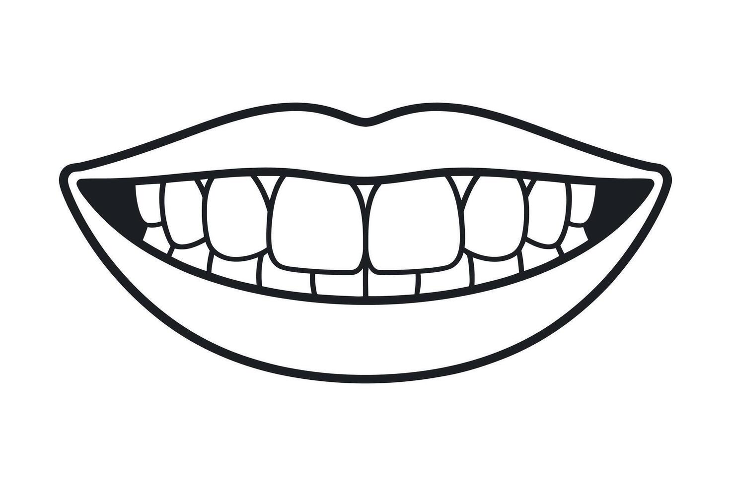 Simple Black and White Illustration of a Smiling Mouth with Teeth Lips and Gums on an Isolated White Background for Design Purposes vector