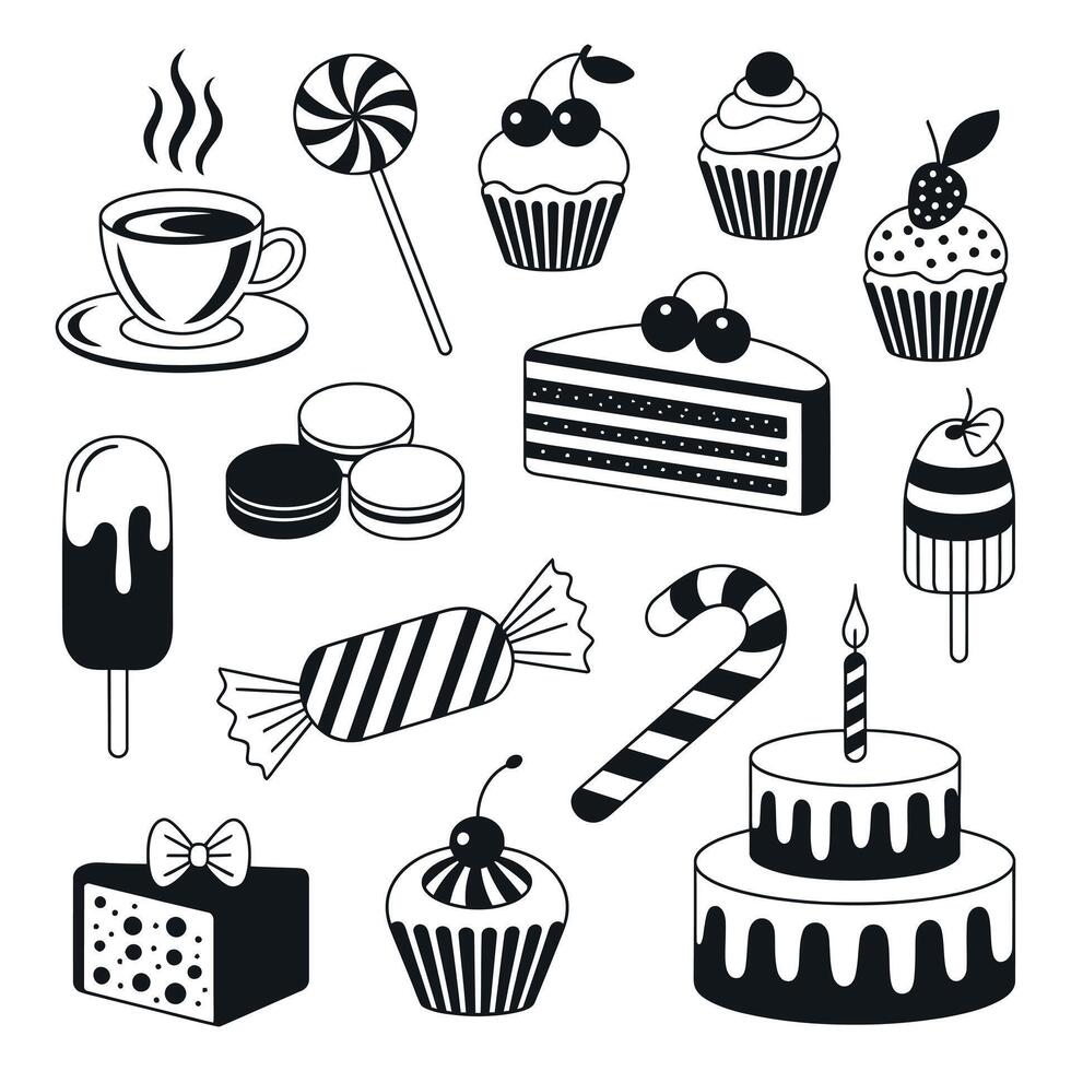 Black and White Line Art Illustration of Various Desserts and Sweets Including Cupcakes Cake Candy Macarons Coffee and Ice Cream vector