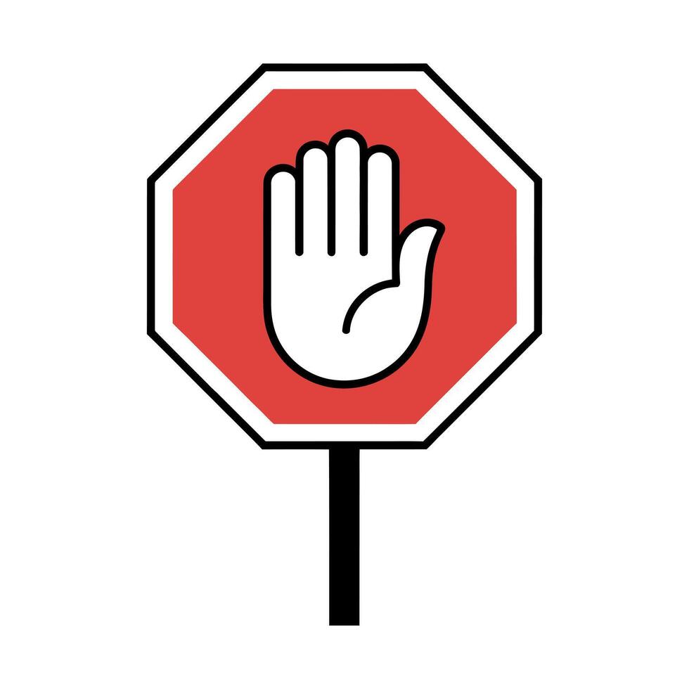 Red Octagon Stop Sign with a White Hand on a Black Pole Representing Restriction Prohibition and the Urgent Need to Halt Actions red vector