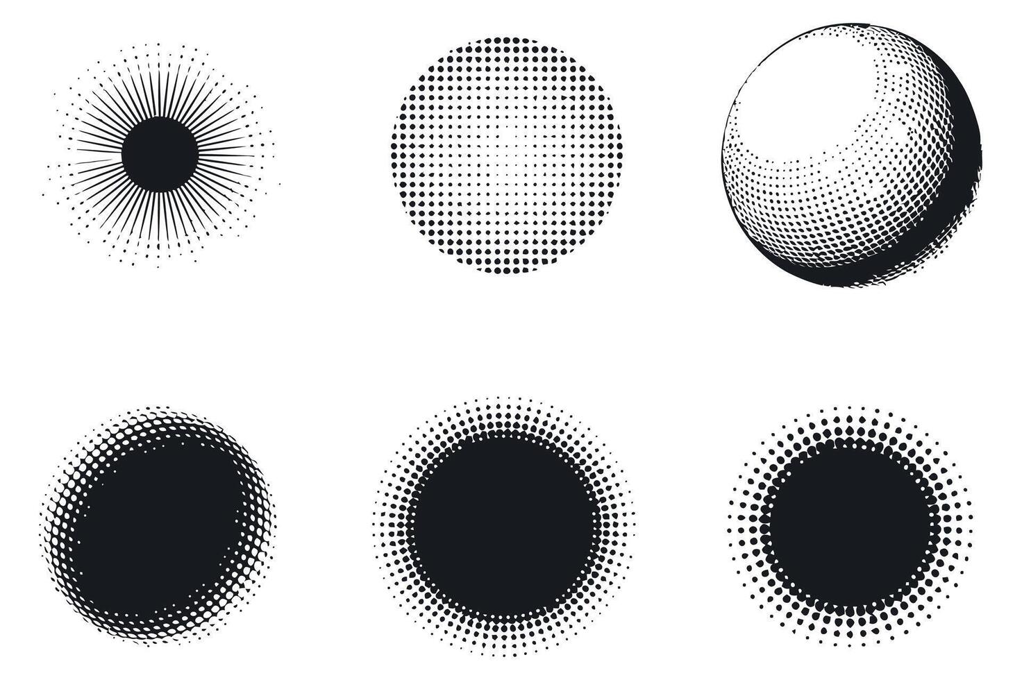 Collection of Six Black and White Halftone Circle Designs with Varying Patterns and Textures on a White Background for Graphic Design and Creative Projects vector