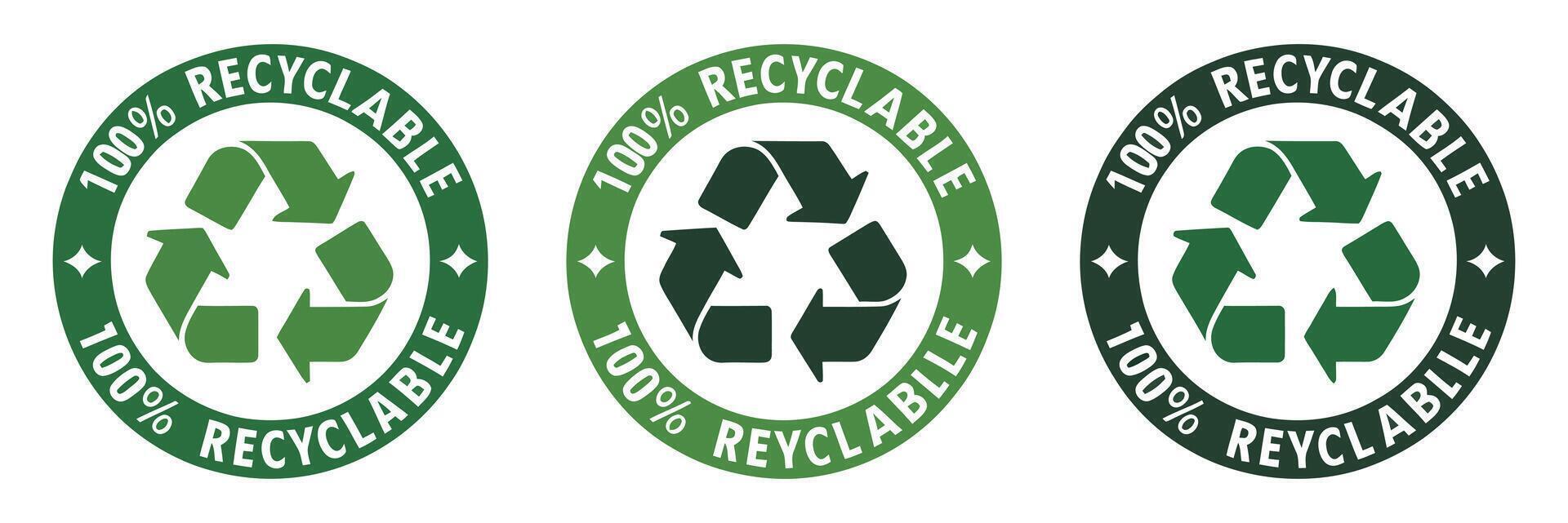 Three Green 100 Percent Recyclable Circle Logos with Arrows and Stars on a White Background Illustrating Environmental Responsibility and Sustainability Efforts vector