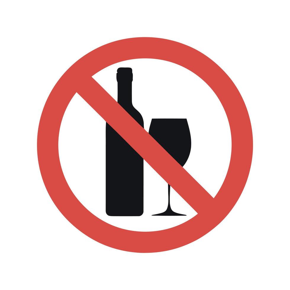 Prohibition Sign Displaying a Wine Bottle and a Wine Glass Crossed Out with a Red Circle Indicating No Alcohol Allowed Here red prohibition vector