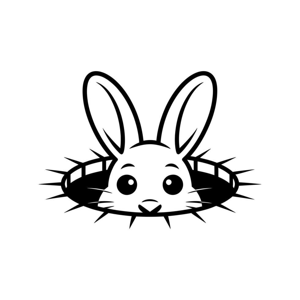 Cartoon Rabbit Peeking Out of a Hole with Spikes in Black and White for Illustration vector