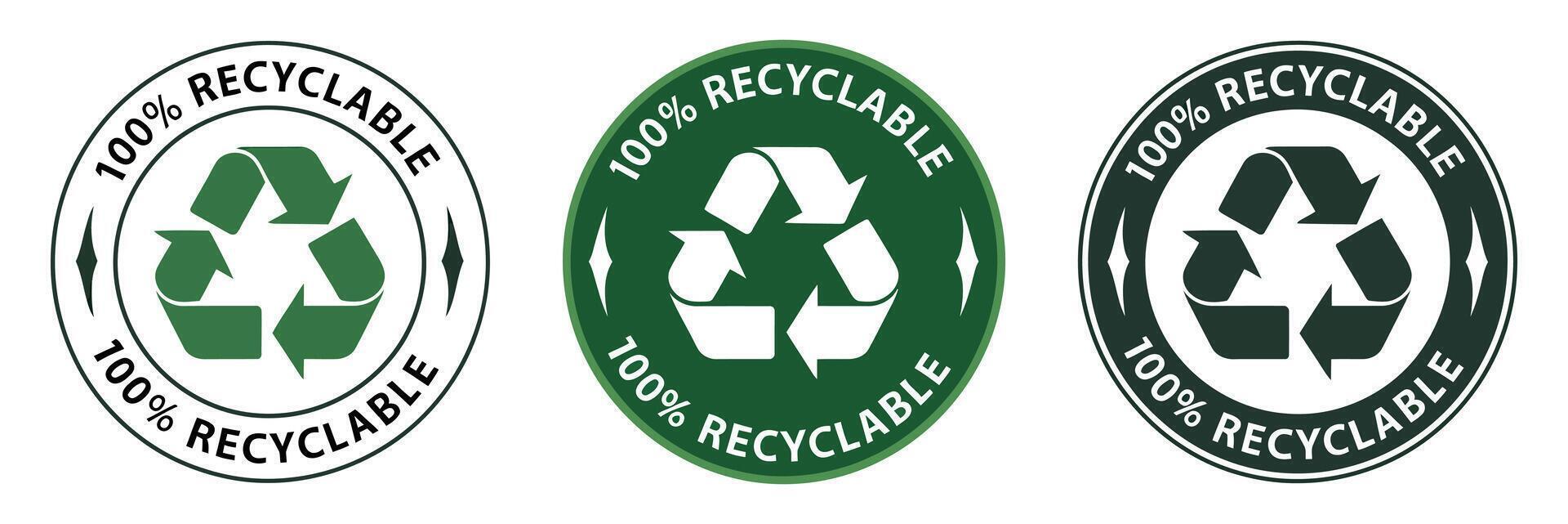 Set of Three 100 Percent Recyclable Icons with Different Styles and Colors Representing Sustainable Practices and Environmental Responsibility for Products and Packaging vector
