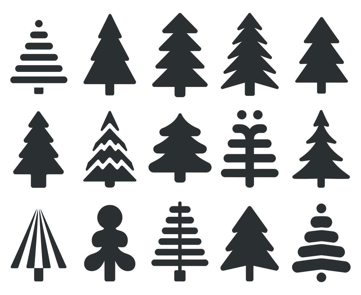 Collection of Simple Black Christmas Tree Icons Different Shapes and Styles Isolated on White Background Illustration for Festive Design Elements vector