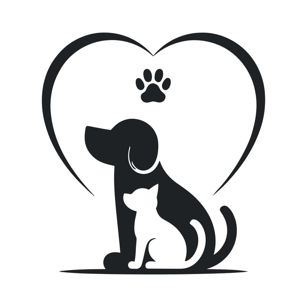 Monochrome Illustration of a Dog and Cat Silhouette Under a Heart with a Paw Print Symbolizing Pet Love and Care simple monochrome vector