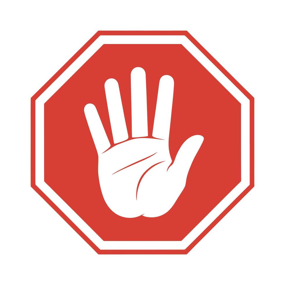 Red Octagon Stop Sign with White Border Featuring a White Hand with Fingers Extended Indicating Halt or Prohibition on a White Background red vector