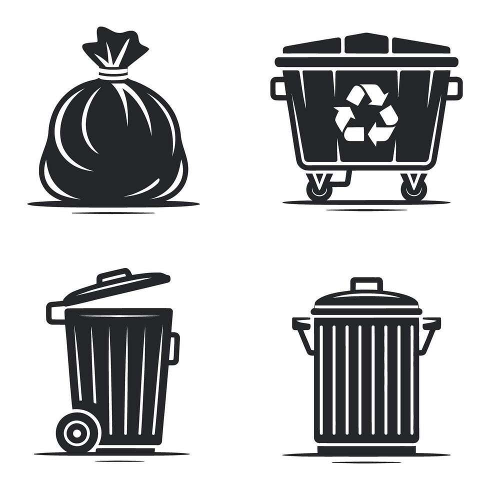 Collection of Trash Can and Garbage Bin Icons in Black and White Silhouette Style for Waste Management and Environmental Awareness vector