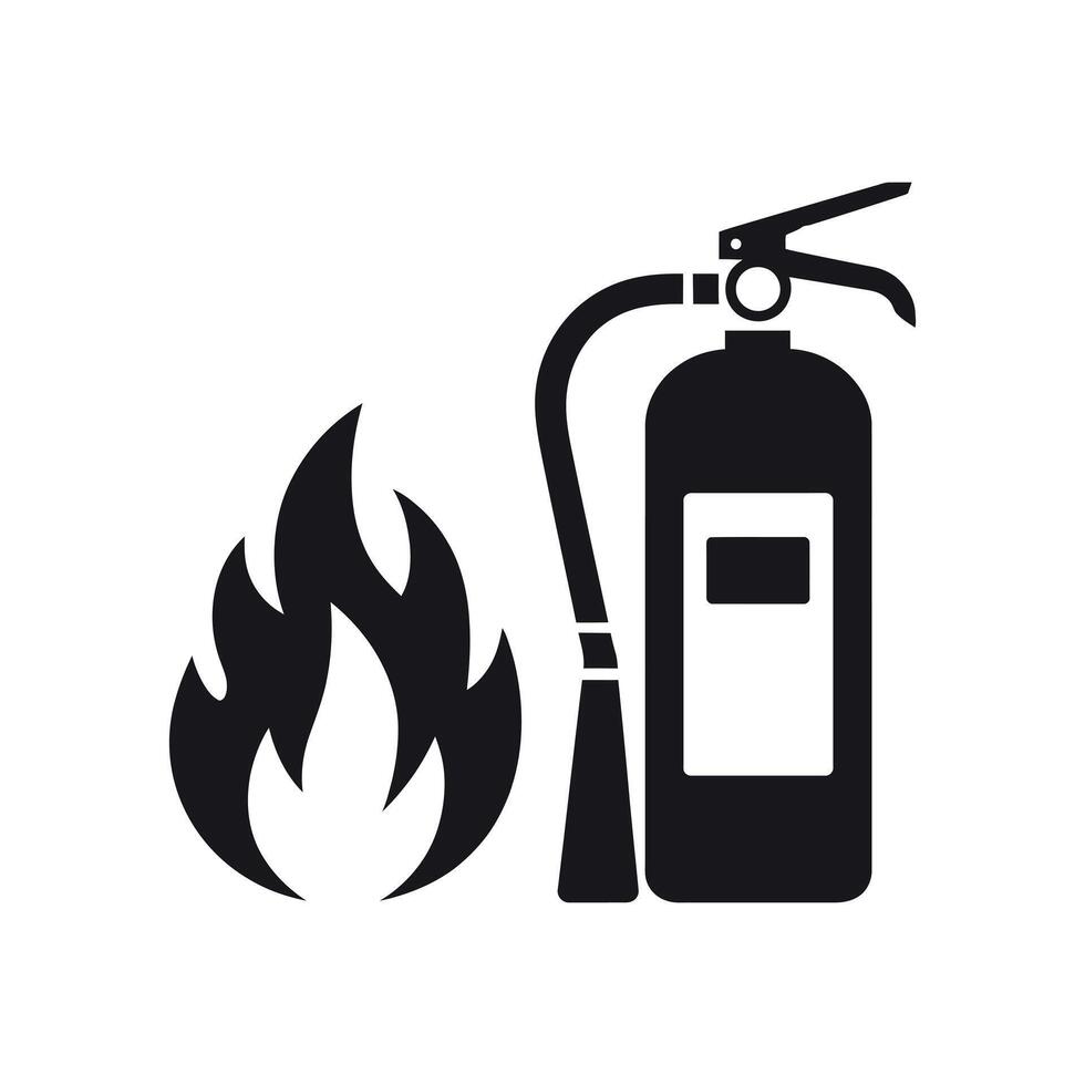 Black Silhouette Illustration of a Fire Extinguisher Next to Flames Representing Fire Safety and Emergency Preparedness in a Simple and Symbolic Design black vector