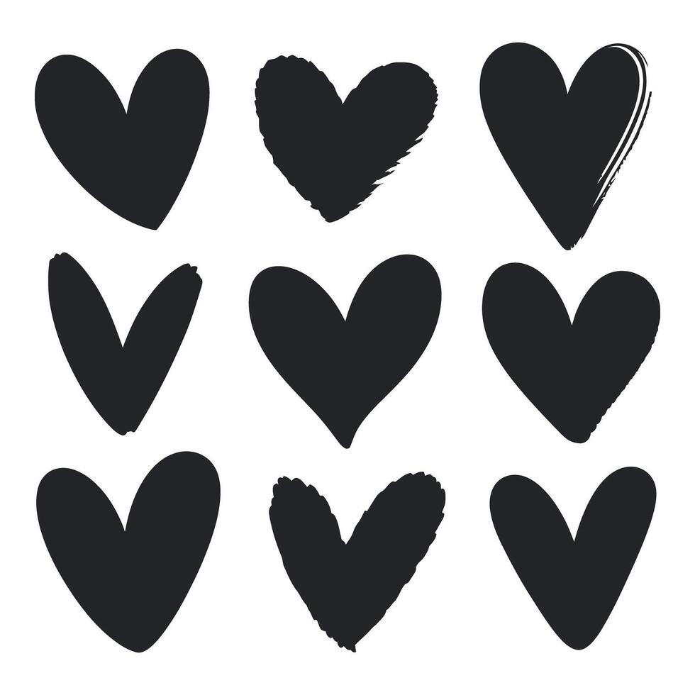 Collection of Nine Black Hand Drawn Hearts on a White Background Perfect for Valentine s Day and Other Romantic Occasions vector