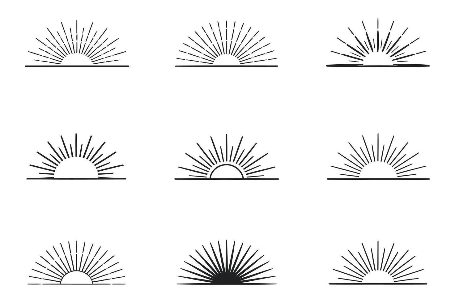 Set of Black and White Sunburst Graphic Elements with Different Styles and Shapes for Logo Design and Creative Projects on White Background vector