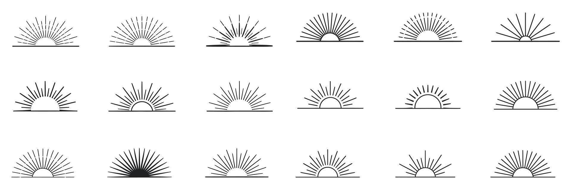 Collection of Minimalist Sun Icons Sunrise and Sunset Logo Elements Boho Style Illustration of Various Sunbursts Isolated on a White Background vector
