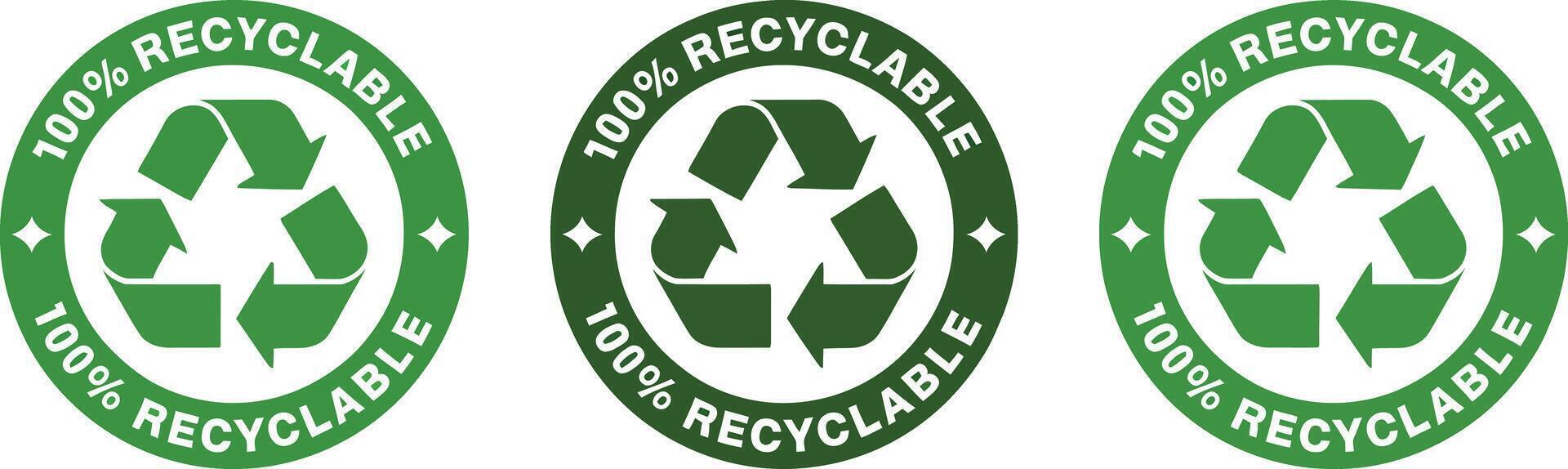 Three Green 100 Percent Recyclable Symbols with Arrows and Sparkles on a White Background Promoting Environmental Awareness and Sustainable Practices for a Better vector