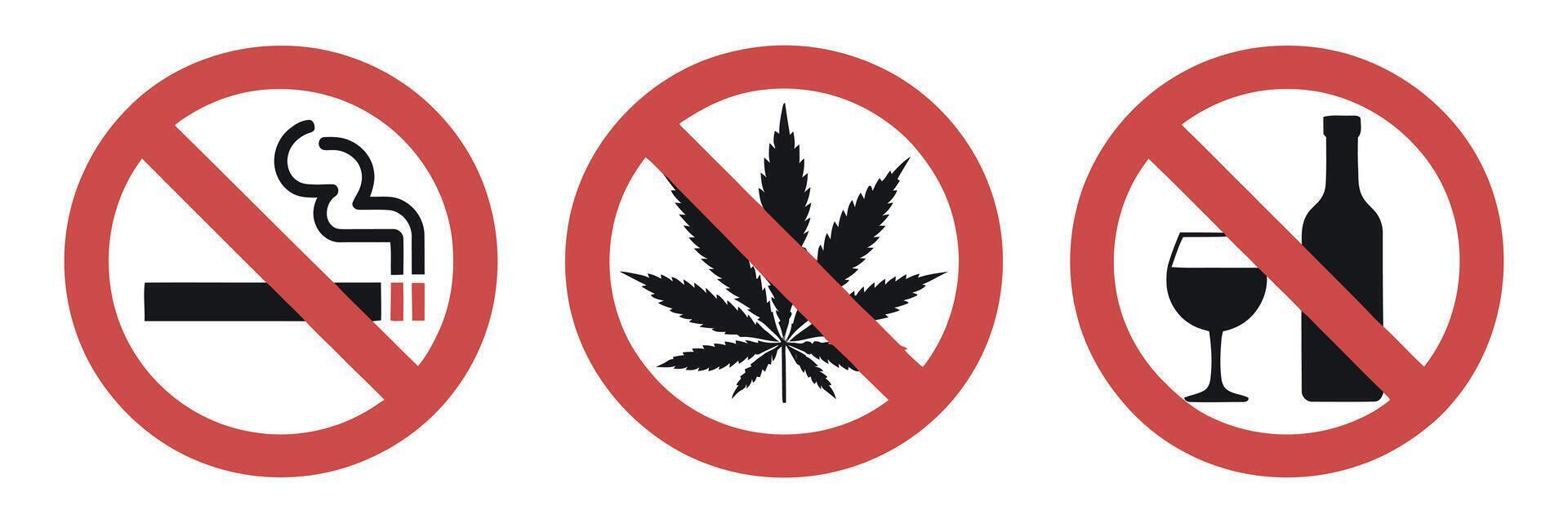 Prohibition Signs Featuring No Smoking No Marijuana and No Alcohol Depicted in Red Circles with a Line Through Them on a White Background vector