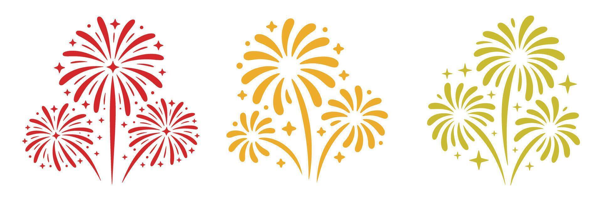 Festive Firework Illustrations in Red Gold and Yellow on a White Background Perfect for Celebrations and Holiday Designs with a Cheerful and Vibrant Aesthetic vector