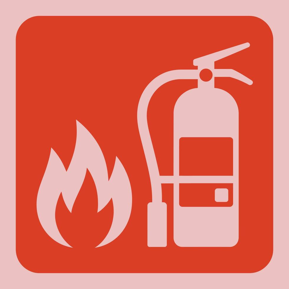 Simple Fire Safety Sign Depicting a Fire Extinguisher and Flames on a Red Square with Rounded Edges and a Light Pink Background red vector