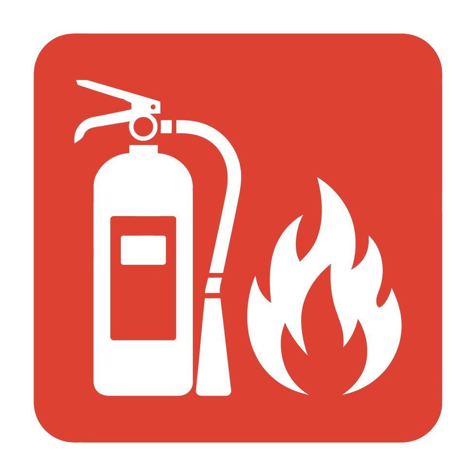 Red Square Sign Depicting a White Fire Extinguisher and Flames Indicating Fire Safety and Emergency Equipment Location or Fire Hazard Warning red square vector