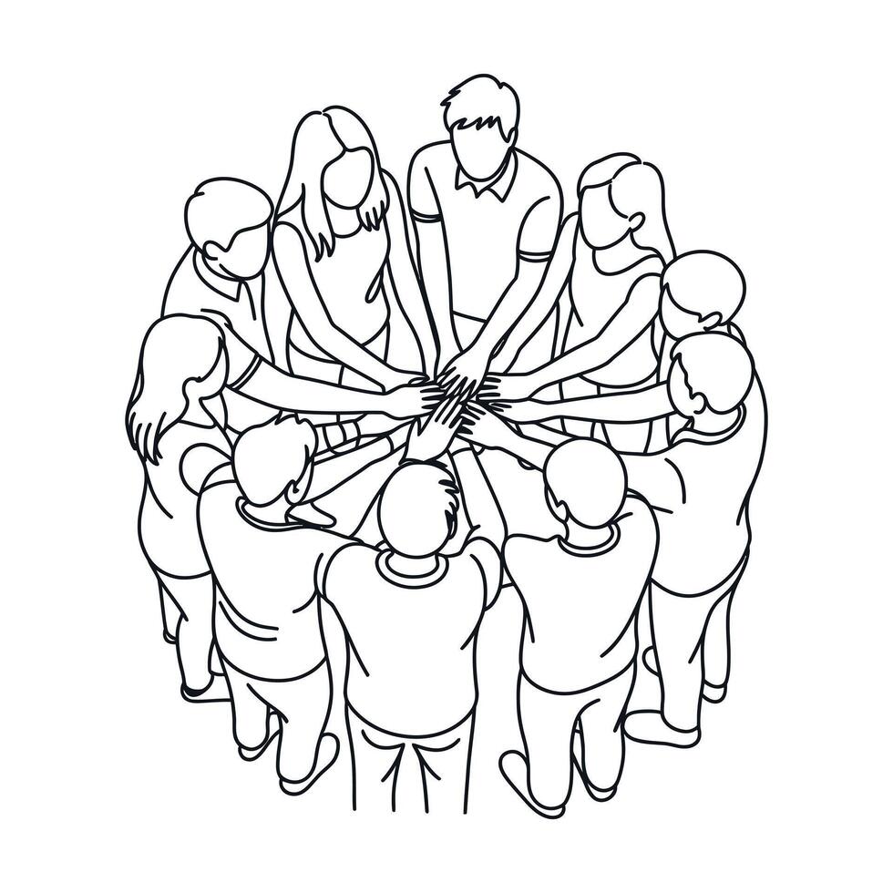 Line Art Illustration of Diverse People Joining Hands in Unity and Collaboration Forming a Circle for Teamwork and Shared Goals black white vector